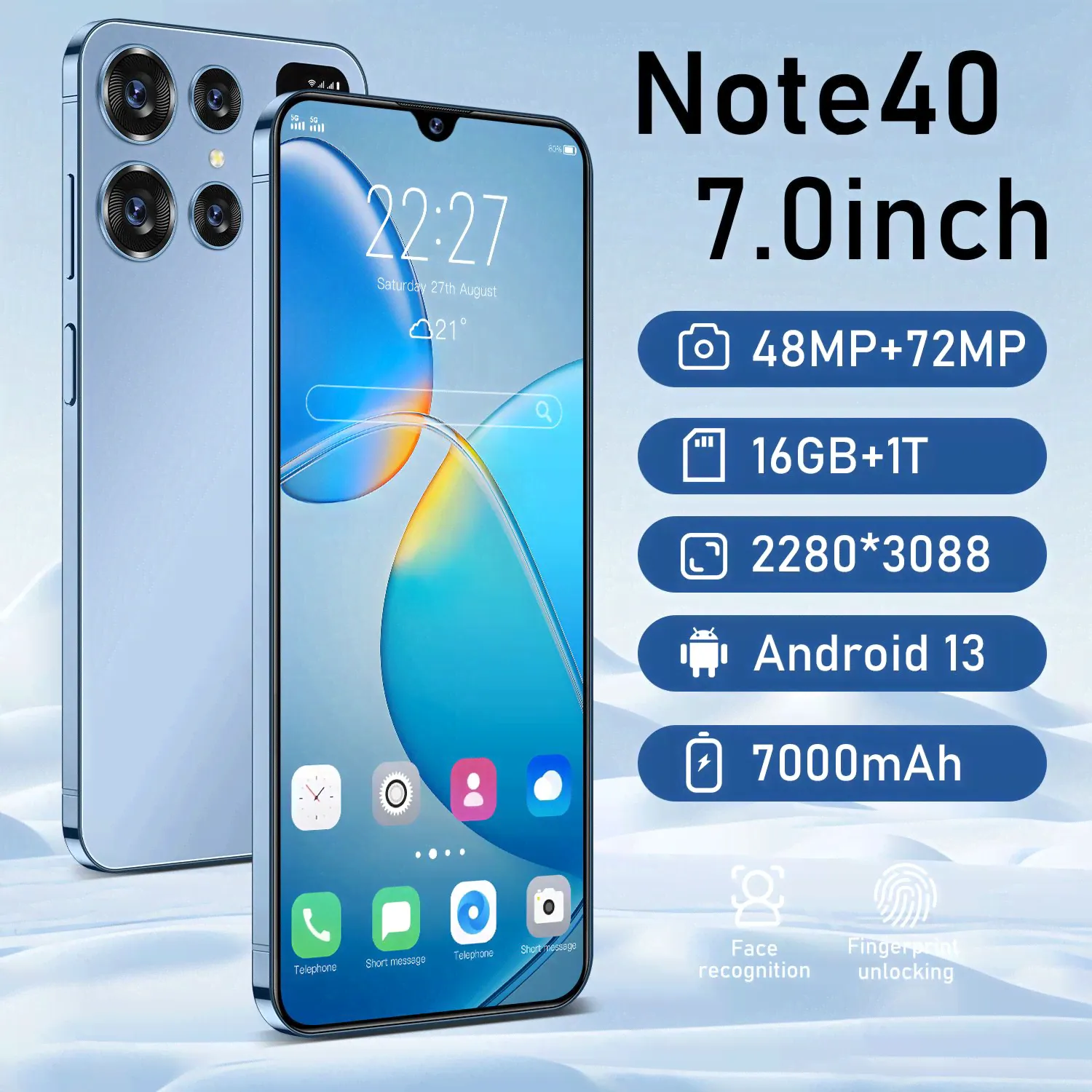 Смартфон Note 40 7.0inch 16+1TB 7000mah Android 13/Двойная sim-карта двойной режим ожидания/Основная камера 108 МП, ночное видение, NFC, OTG/Поддержка распознавания лиц и отпечатков пальцев 16/1 ТБ, г